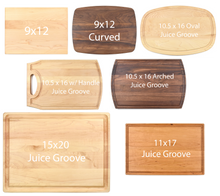 Load image into Gallery viewer, Image of many styles of cutting boards offered
