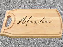 Load image into Gallery viewer, Engraved cutting board with gift receiver name
