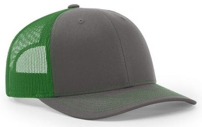 Charcoal and kelly green Richardson 112 trucker cap color option