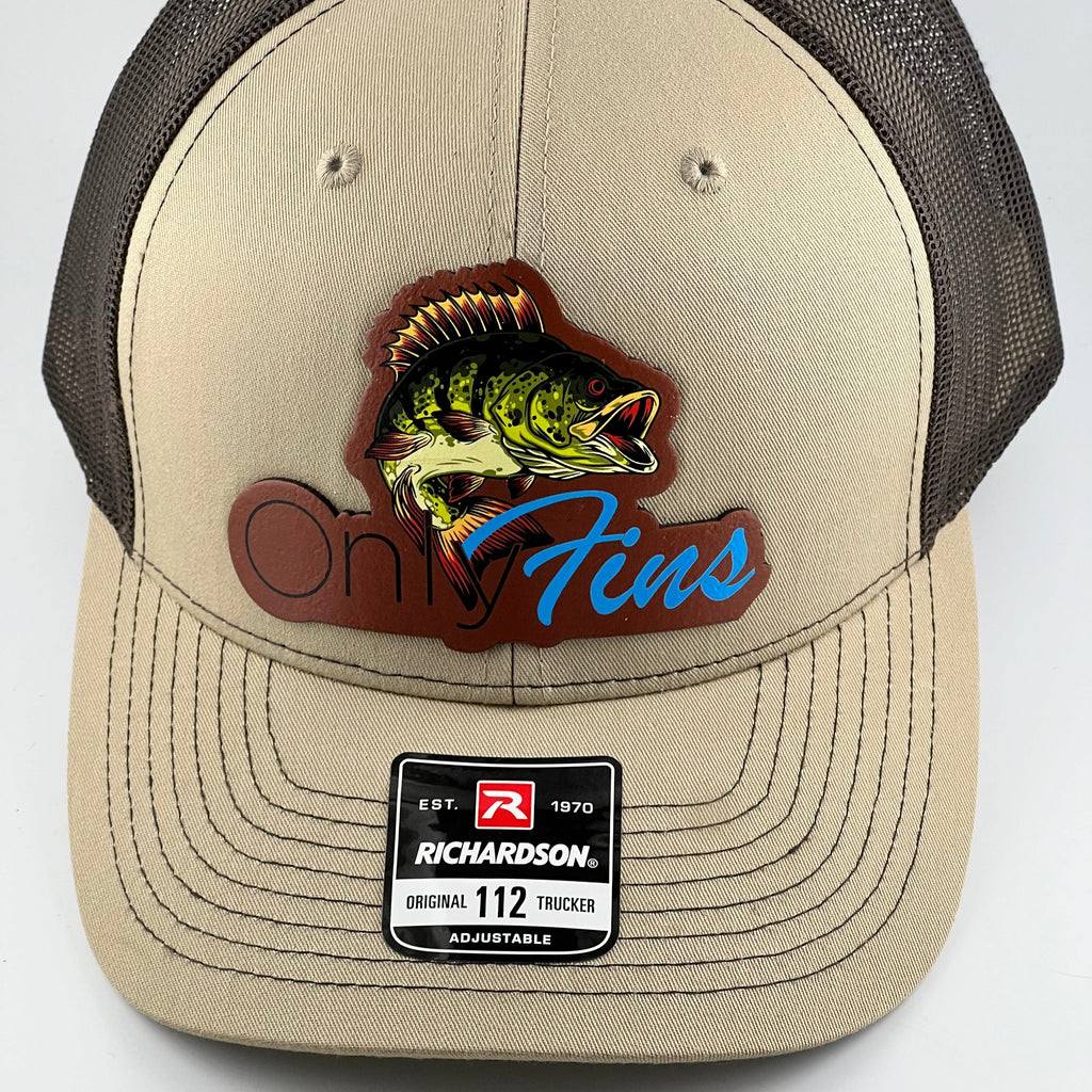 Khaki Richardson 112 trucker cap with an Only Fins bass leather patch by HSTORM Printing