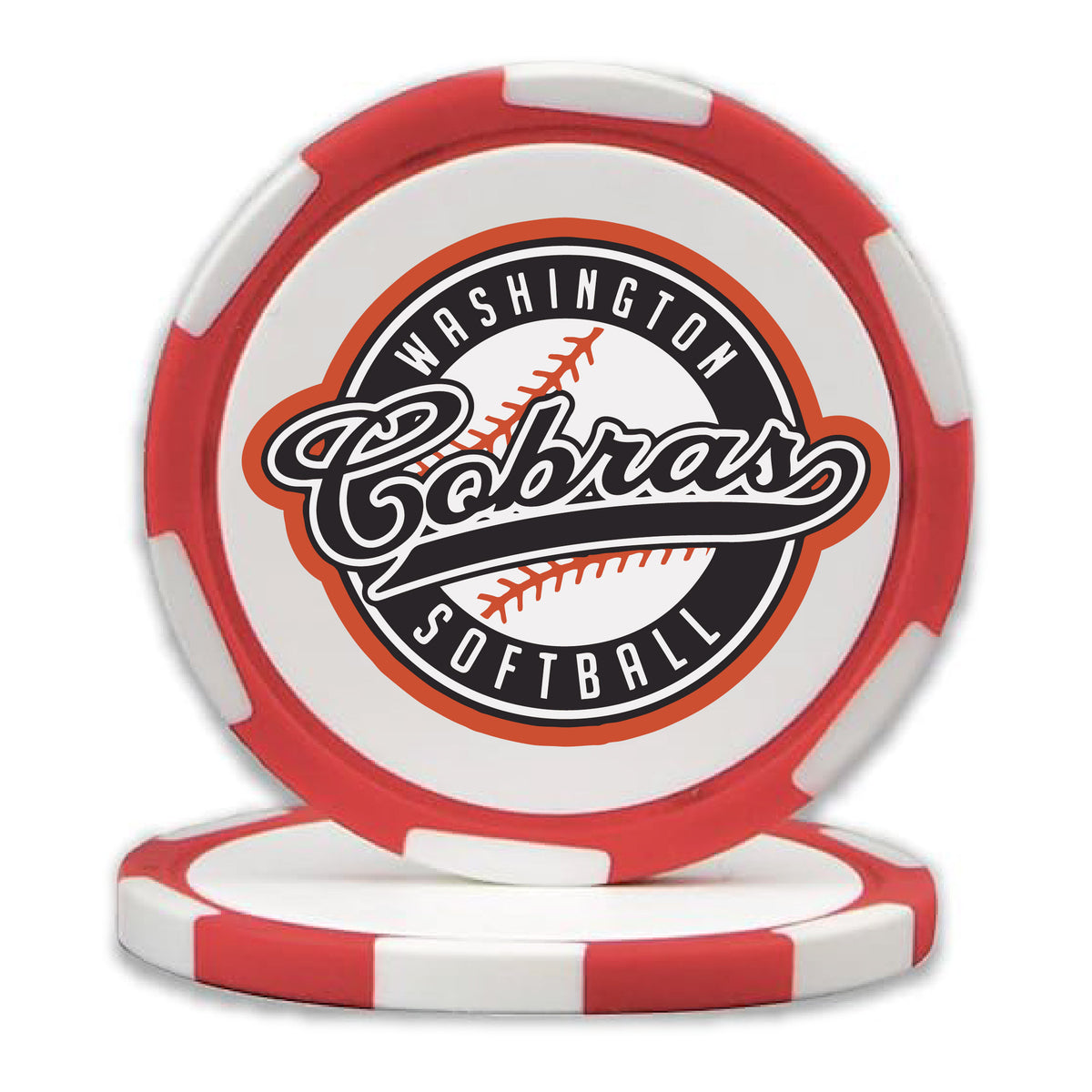 Red custom logo poker chip golf ball marker, UV printed by HSTORM Printing