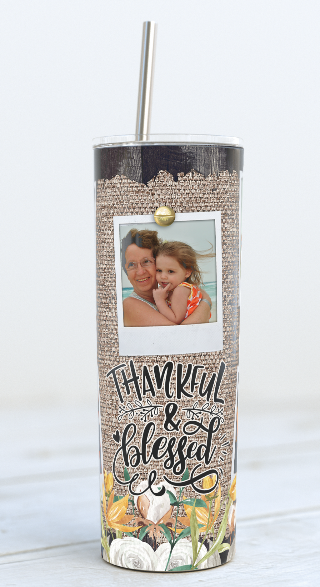 5 Polaroid Photo Thankful & Blessed Skinny 20oz Stainless Steel Tumbler